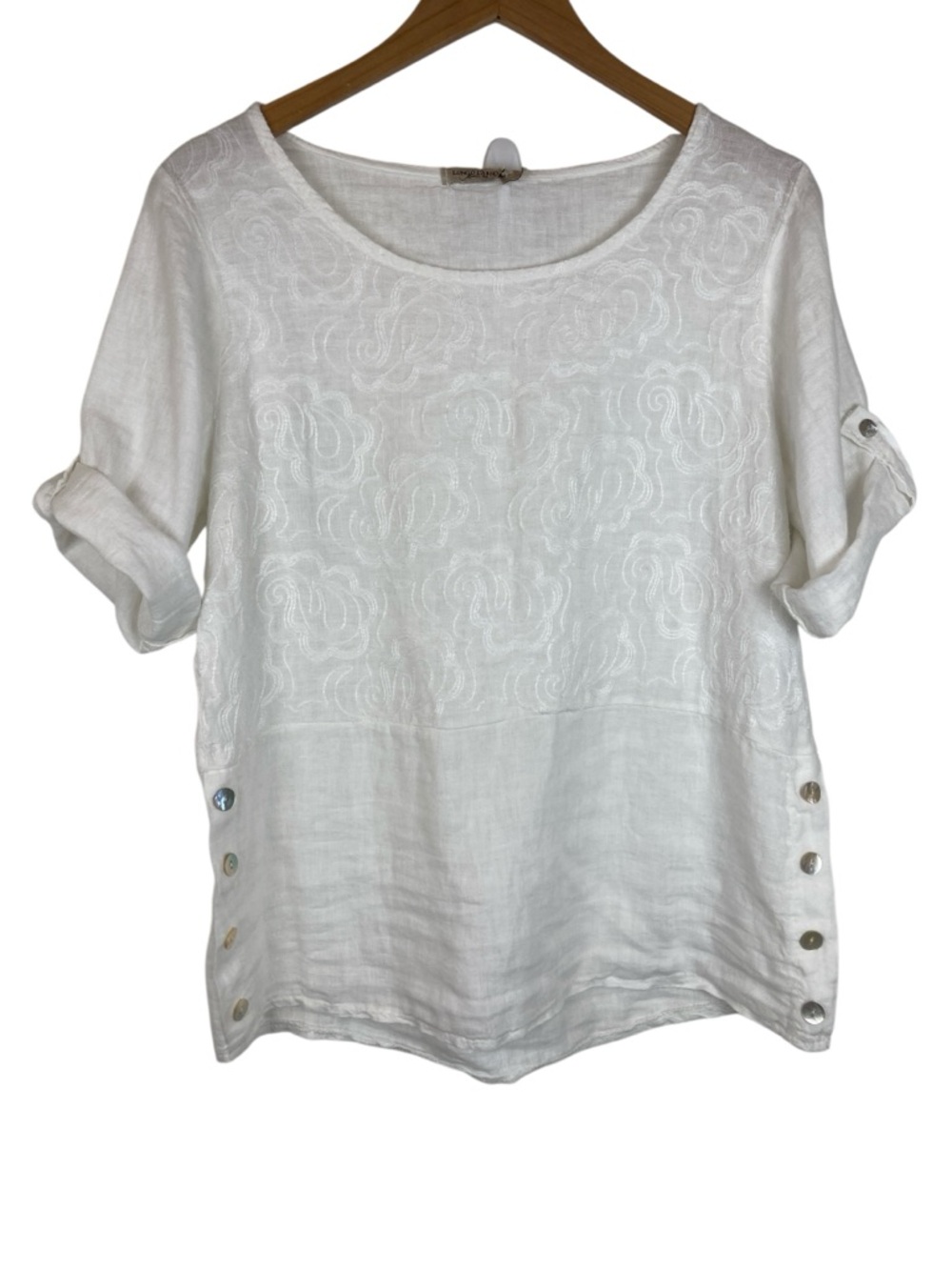 Lungo L'Arno White Linen Embroidered Scoop Neck Top, Size S